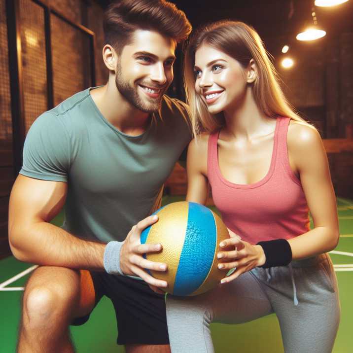 Couple playing dodgeball in a recreational center