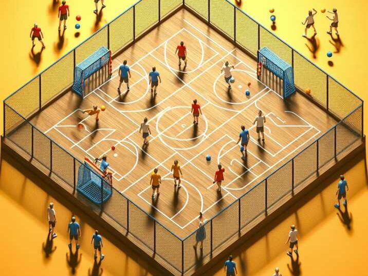 An aerial view of a dodgeball court with players positioned on both sides, ready to play.