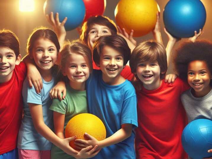 A diverse group of children high-fiving after a game of dodgeball