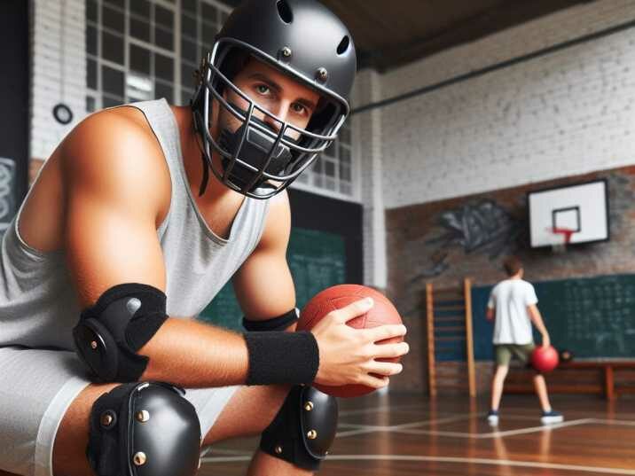  A person wearing protective gear while playing dodgeball.