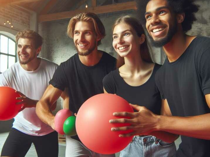 A group of diverse players engaged in a foam dodgeball game, demonstrating teamwork and excitement