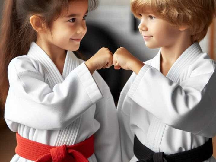 Two children fist-bumping, symbolizing the social benefits through martial arts training