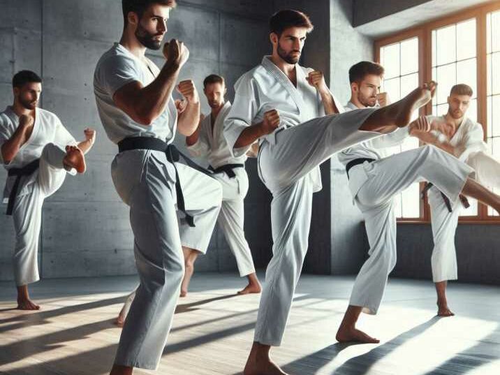 Group of players practicing martial arts in a dojo.