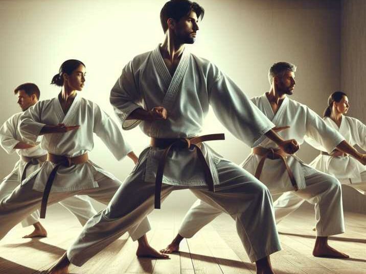 A group of Karate practitioners performing kata, showcasing the choreographed movements and discipline of the martial art.