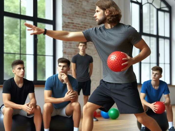 Coach demonstrating proper dodgeball technique 