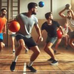 Two dodgeball teams playing in a gymnasium.