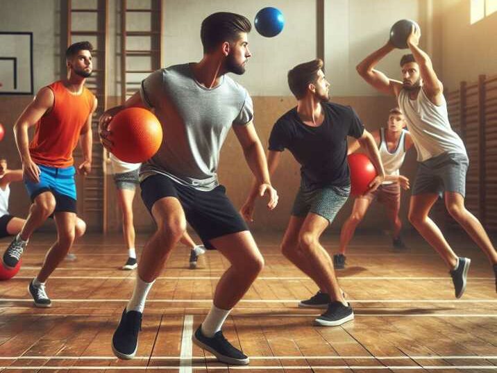 Two dodgeball teams playing in a gymnasium.