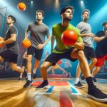 A group of players engage in a dodgeball challenges in an indoor arena.