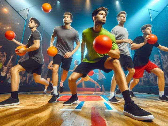 A group of players engage in a dodgeball challenges in an indoor arena.