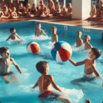 Kids playing dodgeball in a swimming pool