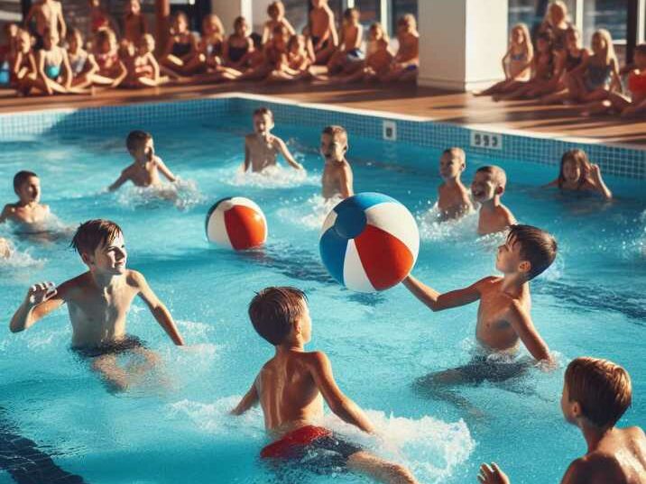 Kids playing dodgeball in a swimming pool