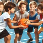 Children playing dodgeball in a gymnasium