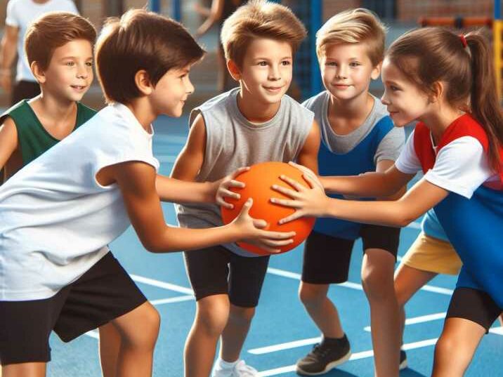 Children playing dodgeball in a gymnasium