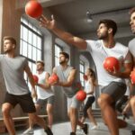 A group of players engaged in a dodgeball game, throwing foam dodgeballs at each other.