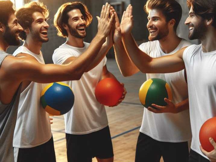 Smiling participants high-fiving after a recreational dodgeball match