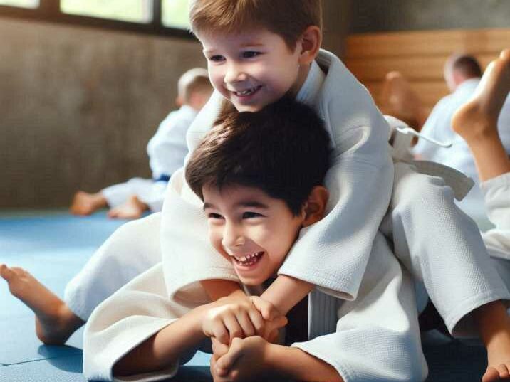 Kids in taekwondo uniforms practicing kicks and punches, judo is best Best Martial Arts Styles for Kids