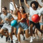 Group of people playing dodgeball in gym.