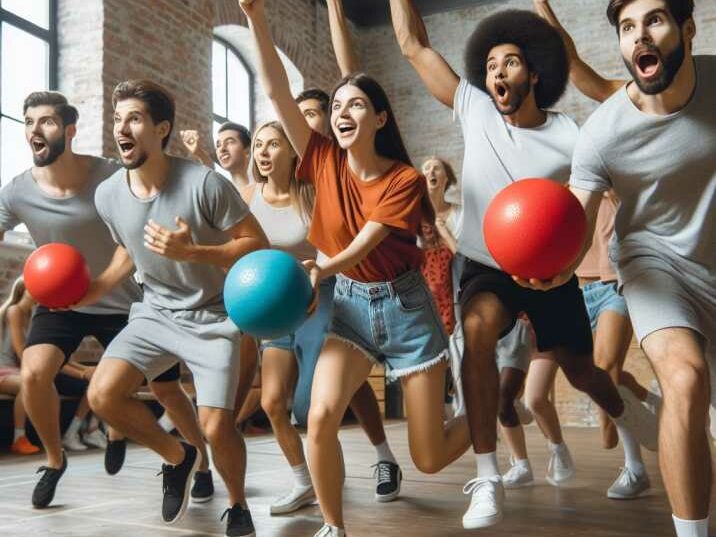  Group of people playing dodgeball in gym.
