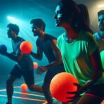 Players in a dark gymnasium playing dodgeball with glow-in-the-dark balls.