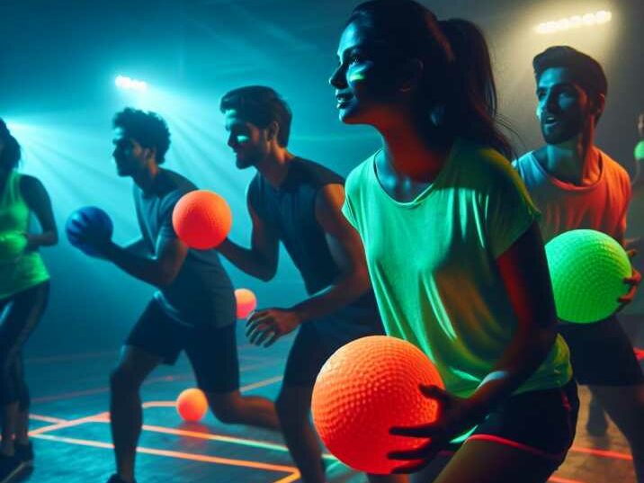 Players in a dark gymnasium playing dodgeball with glow-in-the-dark balls.