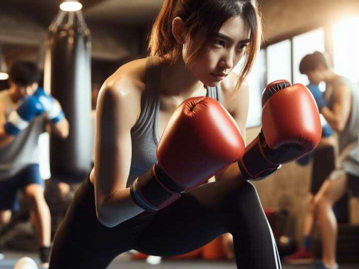 Female boxer exhibiting grace and determination in the boxing ring.