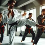 Martial artists practicing kicks and punches in a dojo