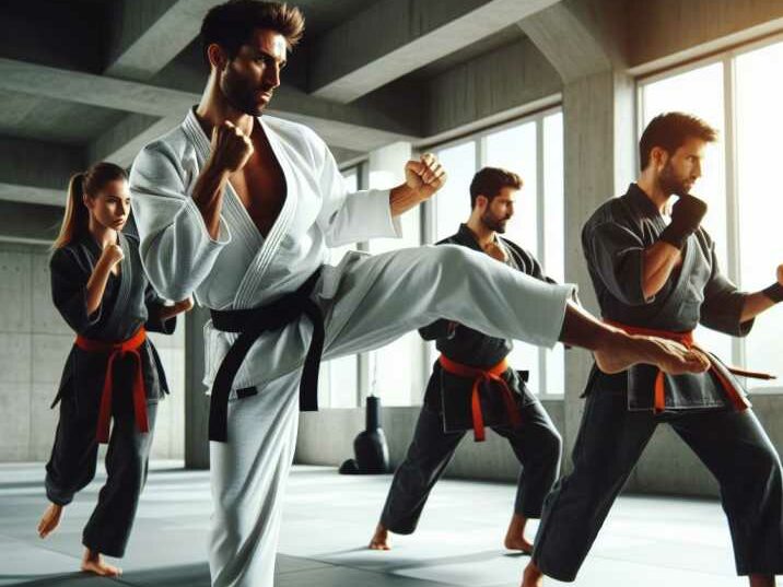 Martial artists practicing kicks and punches in a dojo