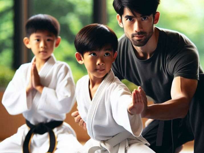 Martial arts instructor demonstrating a technique to children