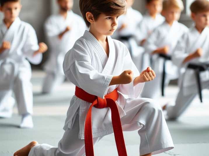  Kids in karate uniforms performing a kata