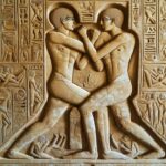 Ancient wrestling depiction in Egyptian tomb.