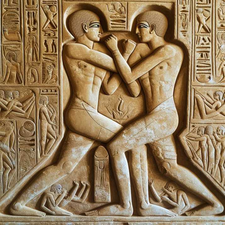 Ancient wrestling depiction in Egyptian tomb.