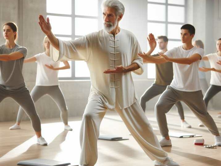 An instructor guiding a class through Tai Chi movements in a studio.