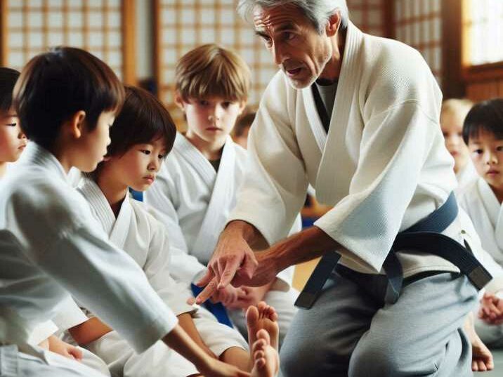 Martial arts instructor guiding children through a practice session