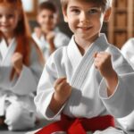 Children in martial arts uniforms training in a dojo