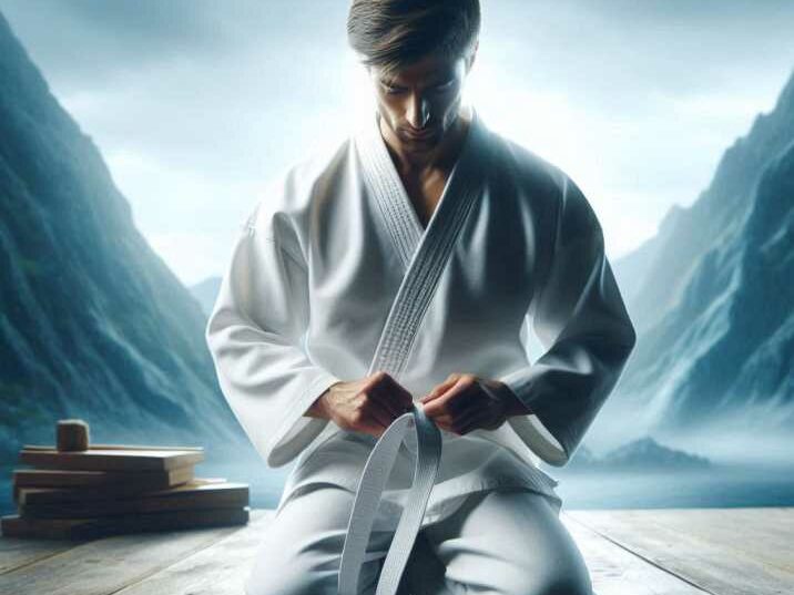 A Kung Fu student tying a white belt, symbolizing the beginning of their martial arts journey