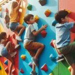 Kids climbing a colorful Outdoor obstacle course wall.