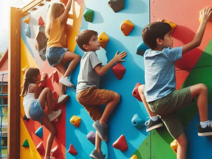 Kids climbing a colorful Outdoor obstacle course wall.