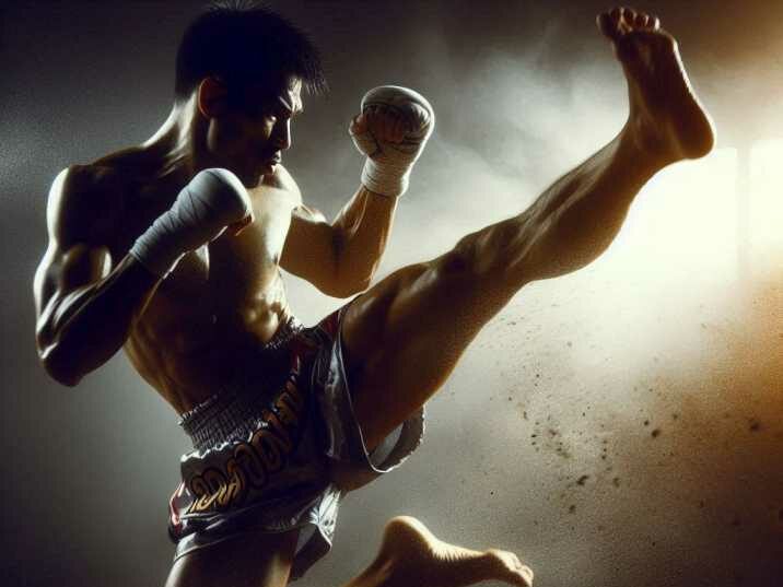  A Muay Thai fighter delivering a powerful knee strike.'
