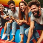 Adults enjoying a blow-up obstacle course.