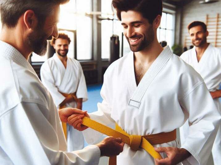 Adult receiving new Taekwondo belt.
