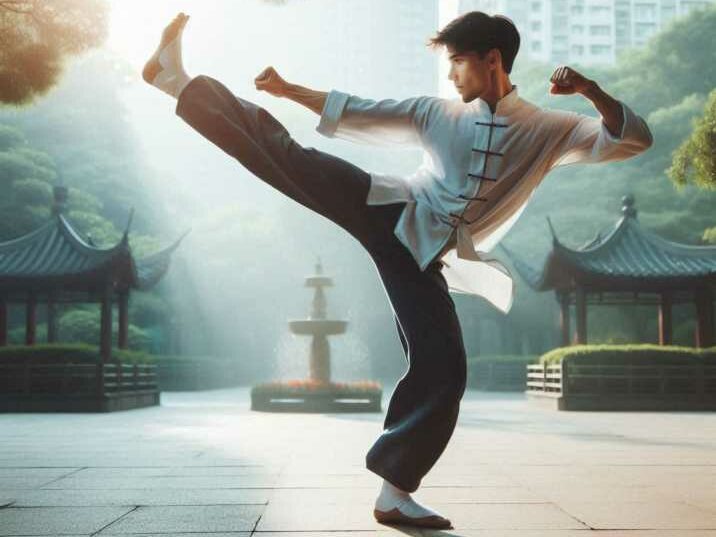 A Kung Fu master performing a high kick in a park