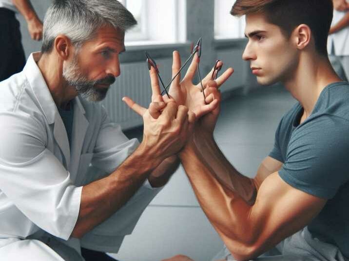 Martial arts practitioners demonstrating the pincer grip technique in crab-inspired martial arts.