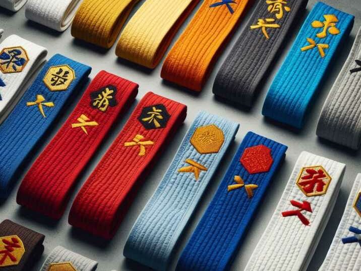 Different colored karate belts representing various ranks.