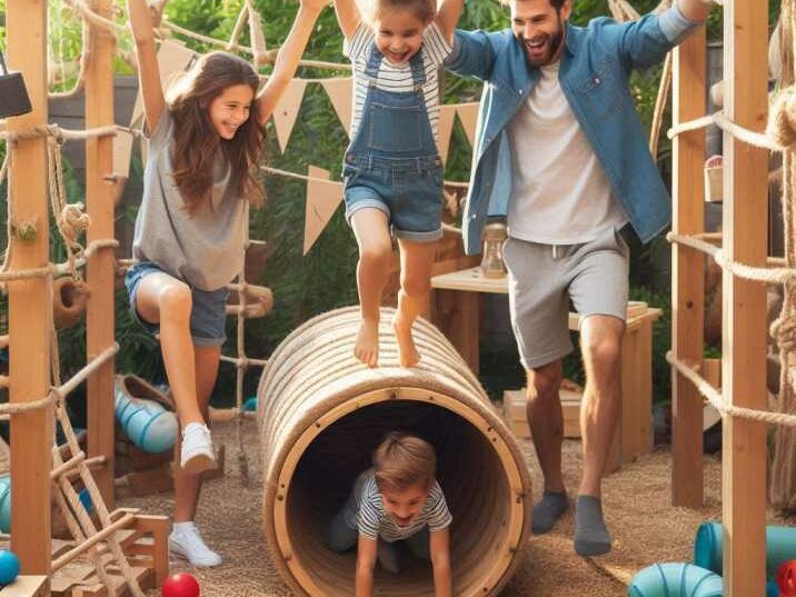 Family enjoying a homemade obstacle course with tunnels and climbing walls.