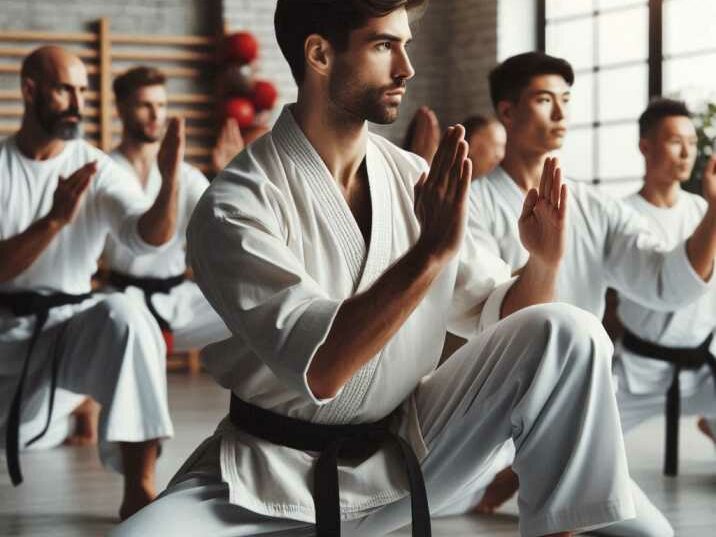 A group of Kung Fu students practicing martial arts in a dojo.