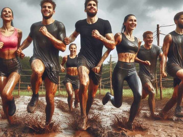 Group of people running through a muddy obstacle course