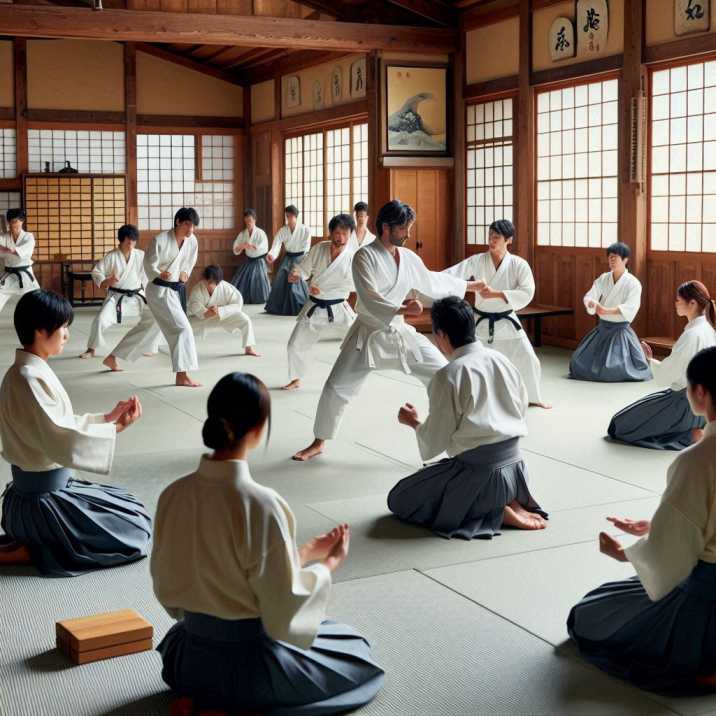 Japanese martial arts students training in a traditional dojo setting