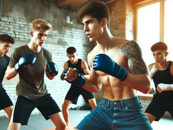 Teenagers sparring in a martial arts class