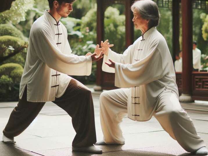 Two Tai Chi practitioners engaging in Push Hands training