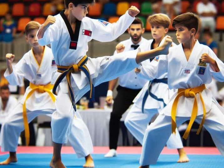 Taekwondo competitors in action at a tournament.